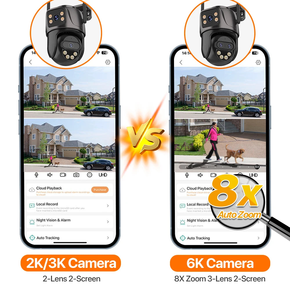IP Camera 6K 9MP HD WiFi Outdoor Camera 8x Zoom Three Lens Dual Screen Home Security PTZ Camera 6MP Video Surveillance ICSee