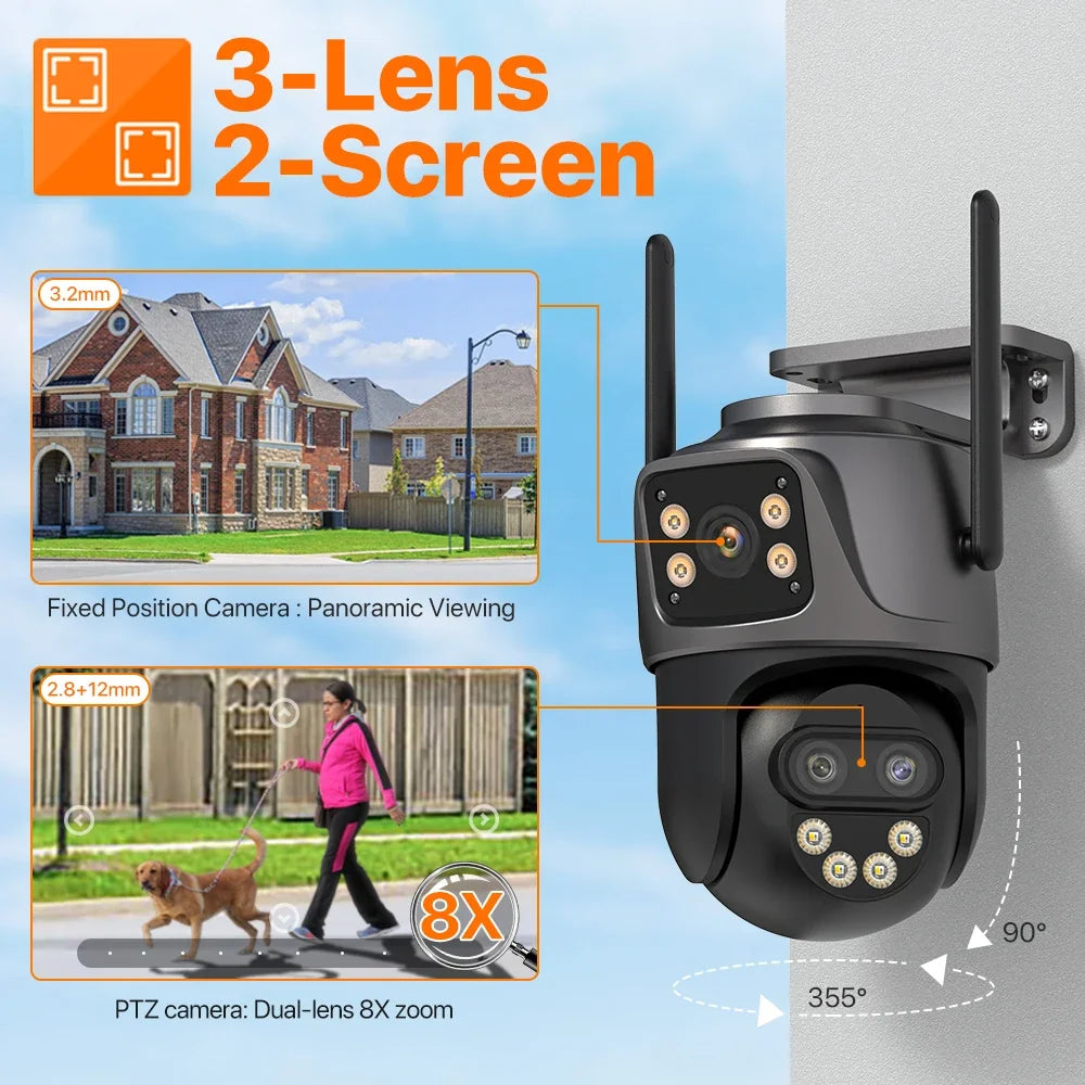 IP Camera 6K 9MP HD WiFi Outdoor Camera 8x Zoom Three Lens Dual Screen Home Security PTZ Camera 6MP Video Surveillance ICSee