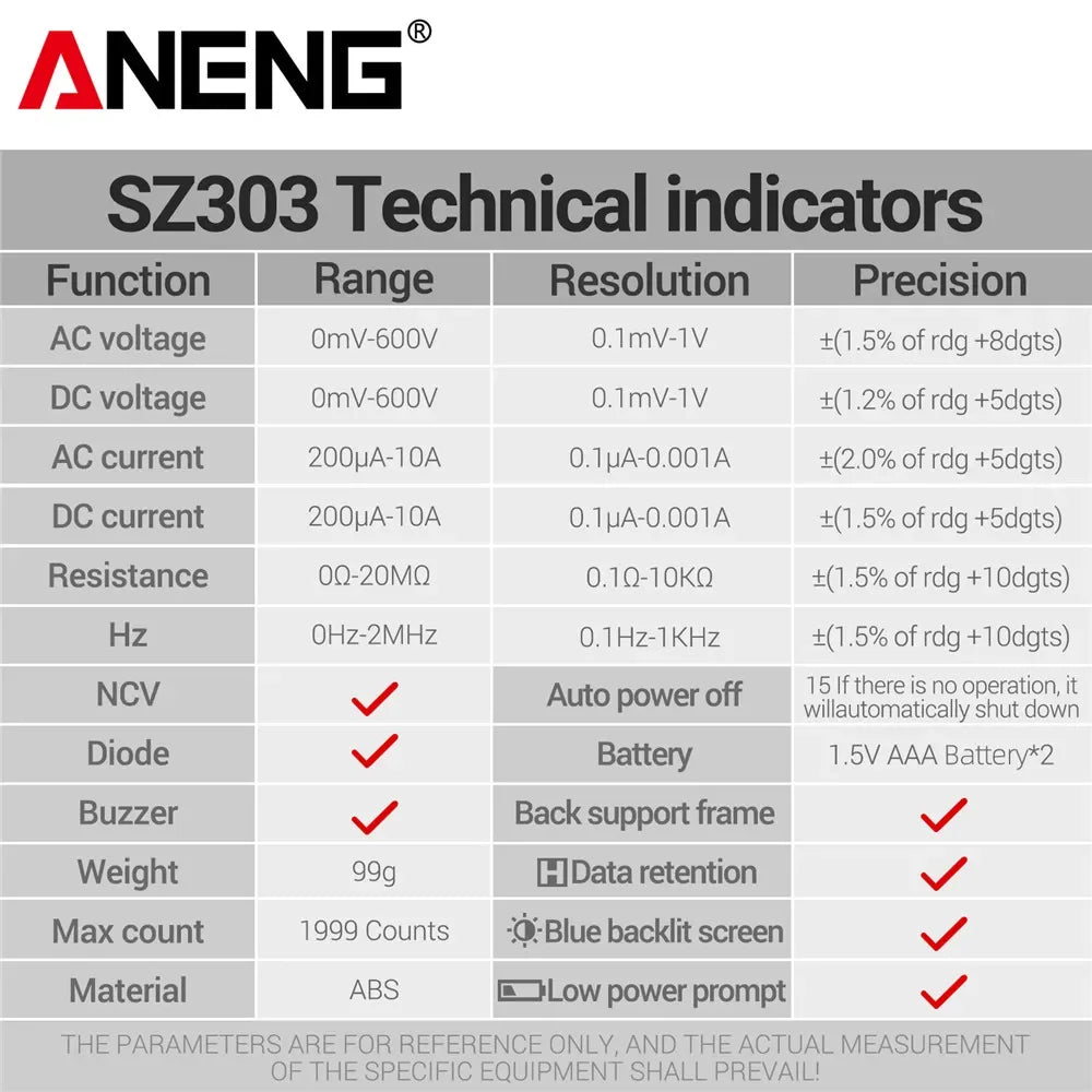 ANENG SZ303 Smart Digital Multimeter 1999 Count Professional AC/DC Voltage Current Electrical Data Retention High Precision Tool