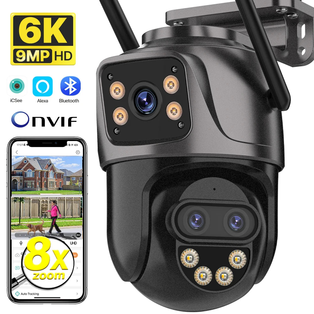 IP Camera 6K 9MP HD WiFi Outdoor Camera 8x Zoom Three Lens Dual Screen Home Security PTZ Camera 6MP Video Surveillance ICSee